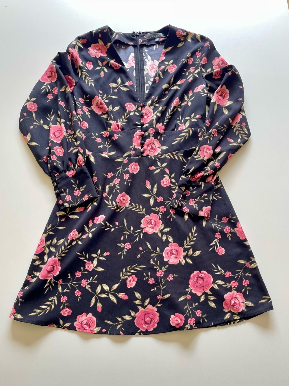 DYNAMITE Dark Floral Mini Dress Sz S Long Sleeve V-Neck Empire Waist Whimsy Goth